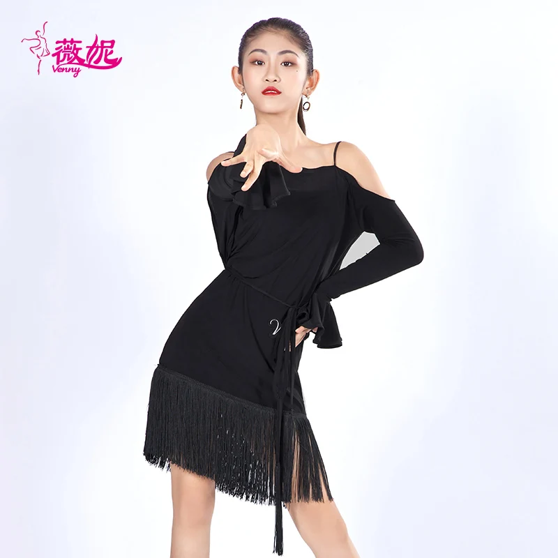 Vennystyle Latin Dance Dress for Women, Fashionable Sleeveless Fringe Long Sleeve Bodysuit, Professional Standard Training Wear