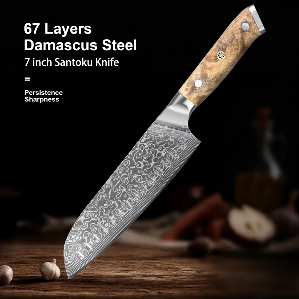 

Damascus Kitchen Knife 7.1 Inches Santoku Knife 10Cr15CoMov Steel Core Natural Burl wood Handle Luxury Gift