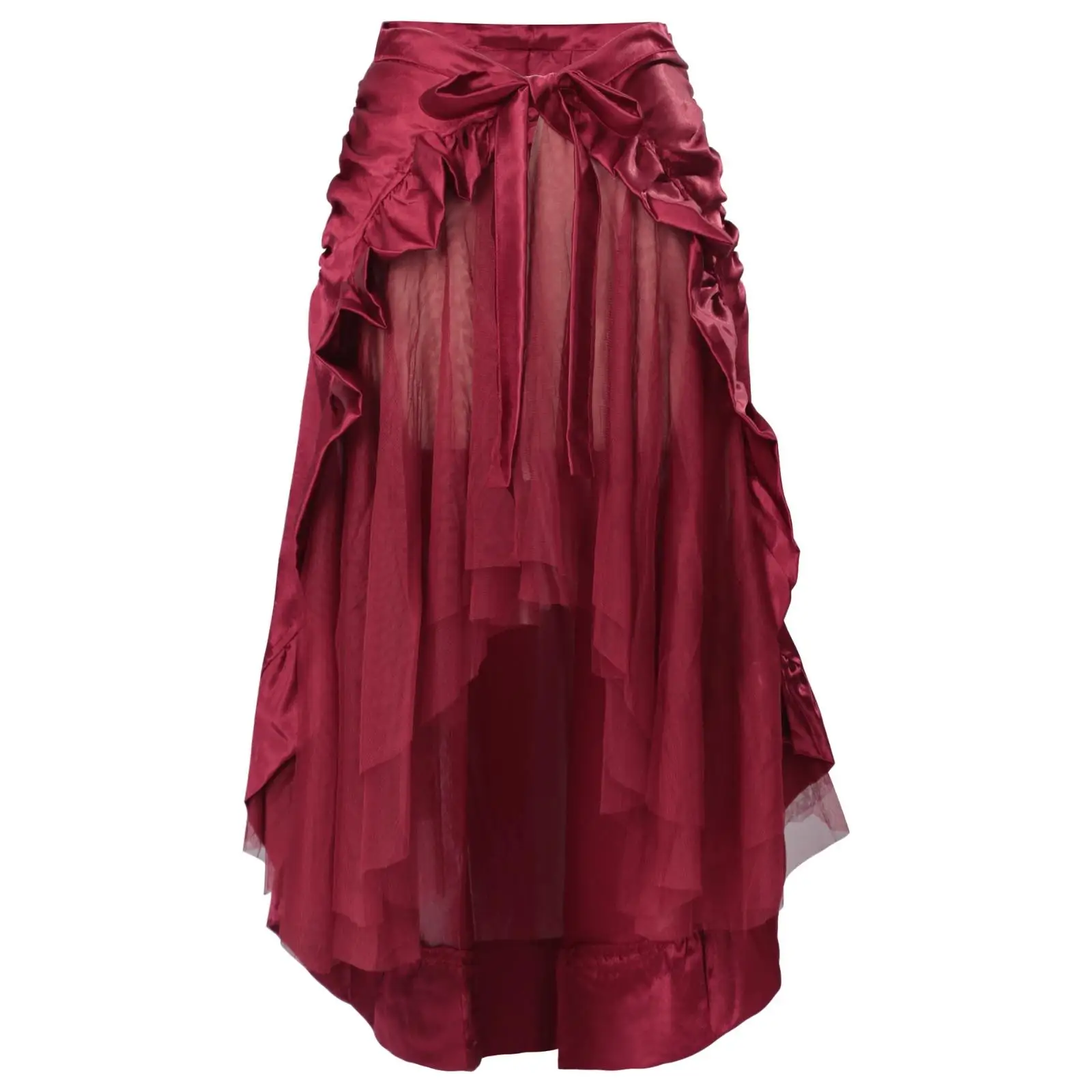 Vintage Women Pirate Midi Skirt Asymmetrical High Waist Layered Design Front Tie Bow Flattering Silhouette Polyester Casual