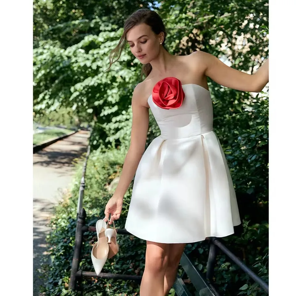 

Sexy Pink Handmade Flower Short Women Dresses To Birthday Party Organza Bloom Mini Bridal Dress Girls Date Dress