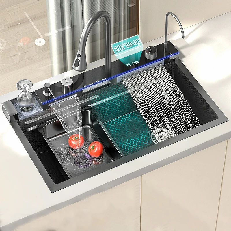 Modern Single-Bowl Stainless Steel Kitchen Sink with Waterfall Design Mount Dish Rack Complete Set Big Single Bowl One-Hole