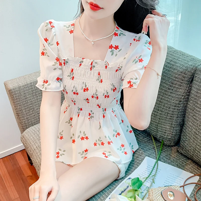 

Floral Print Chiffon Blouse Women French Square Neck Short Sleeve Summer Top Ruffle Waist