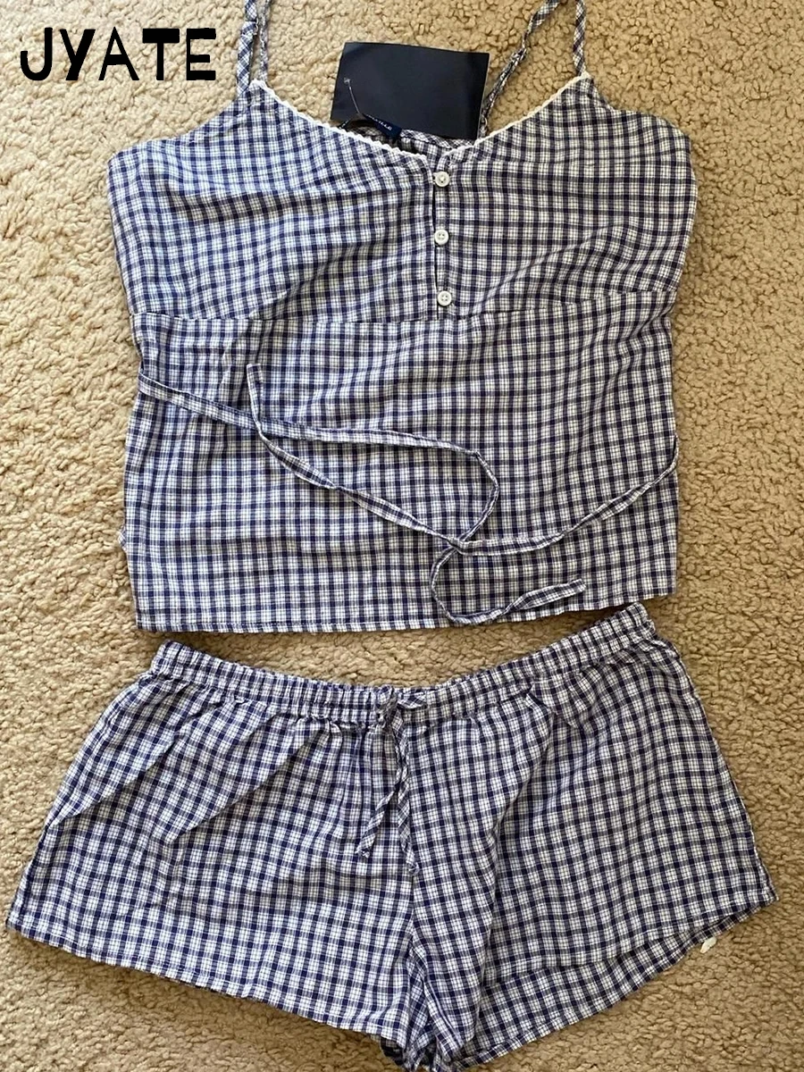 

Lace Trim Navy Plaid Tank Shorts 2 Piece Sets Women New Buttons Lace-up Camis+Drawstring Sweatshorts Vintage Chic Sweet Home Set