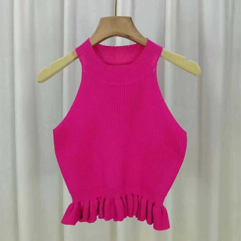 Tops femininos de malha de pescoço simulado com babados, tanques sem nervuras sem mangas, camis babado, roupa Y2K, verão, 2021