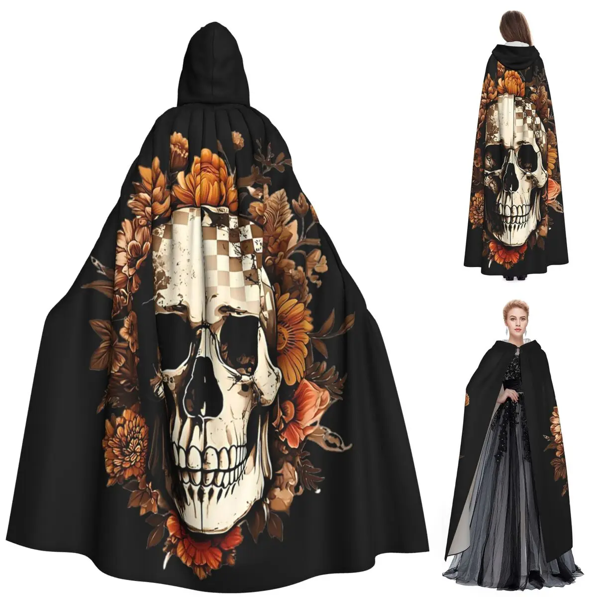 

Retro Floral Halloween Skeleton Skull Long Hooded Cloak Witch Medieval Costume Cosplay Cape HalloweenCoat Adult Unisex