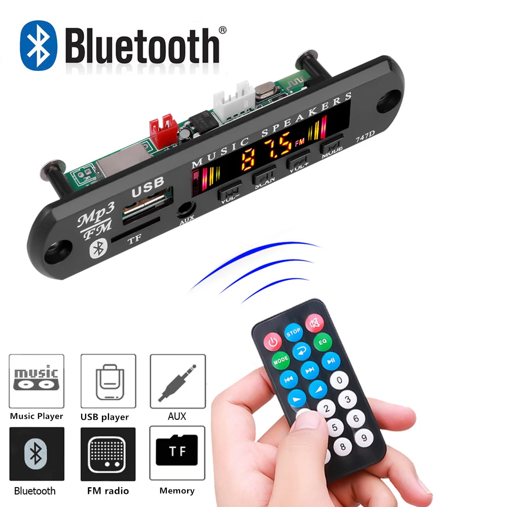 DC 12V Bluetooth 5.0 Car Kit Wireless MP3 Decoder Board Audio WMA Car Music Player Module Lossless Audio USB AUX TF FM Radio