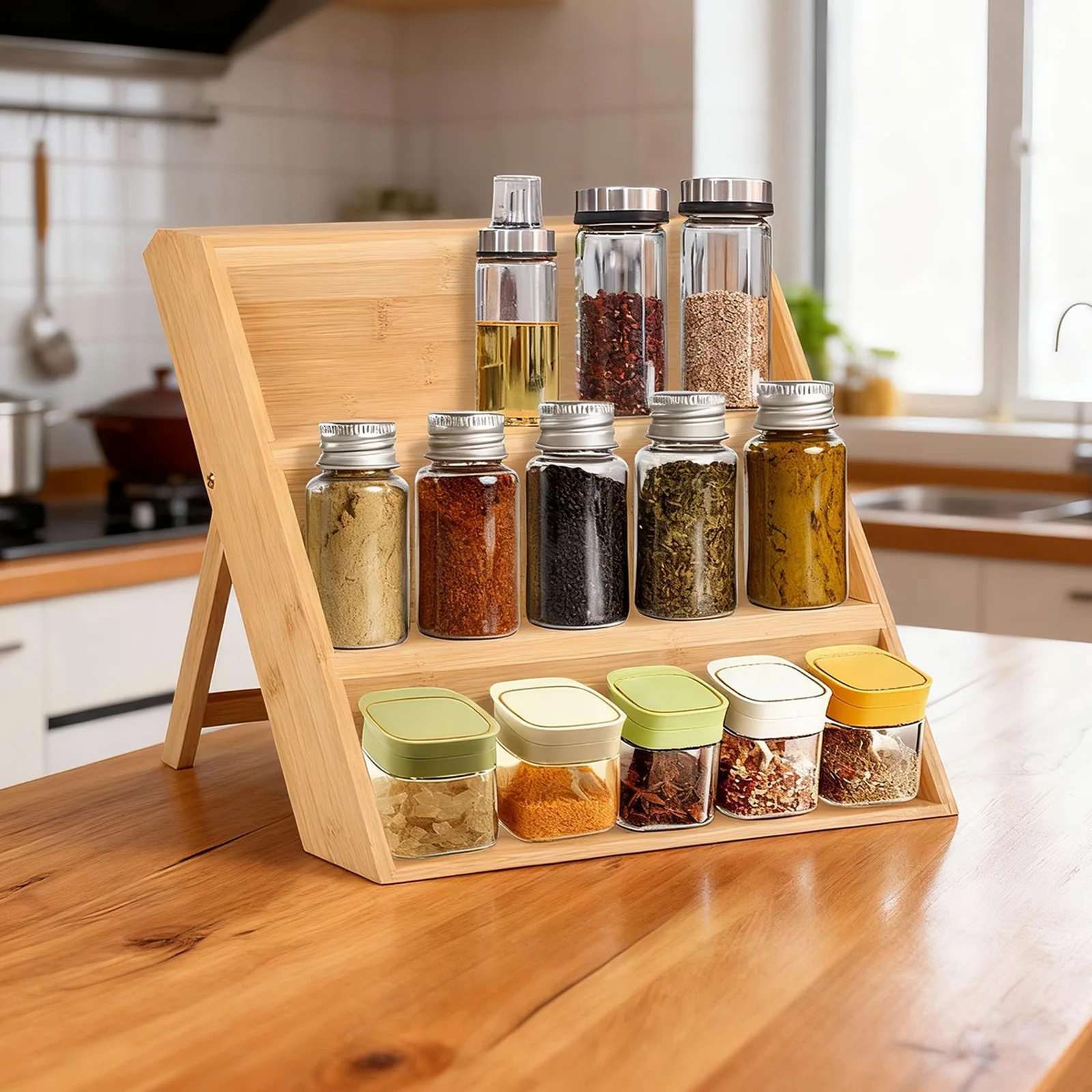 

3-х ярусная складная бамбуковая полка для хранения специй, стеклянные банки для приправ, банка для специй, органайзер для дома, кухни, столешница, ящик шкафа