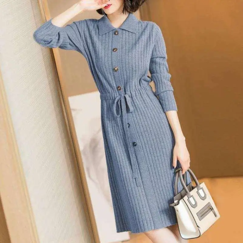 

2024 Spring Autumn Women's New Splicing Turndown Collar Button Drawstring Fashion Solid Loose Casual Long Sleeve Knitted Dresses