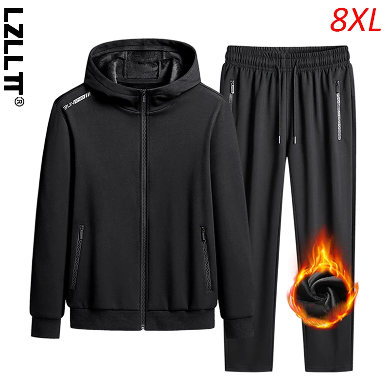 2023 Men Fleece Hooded Casual Sports Reflective Tracksuit Sets Man Sportswear Joggers Suits Sweatpants Jacket Male Plus Size 8XL