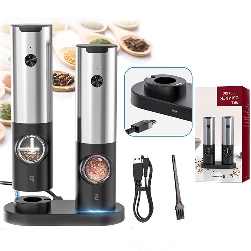 

Electric USB Rechargeable Pepper and Salt Grinder Kitchen Refillable Pepper and Salt Mill with LED Indicator Light Spice Mill