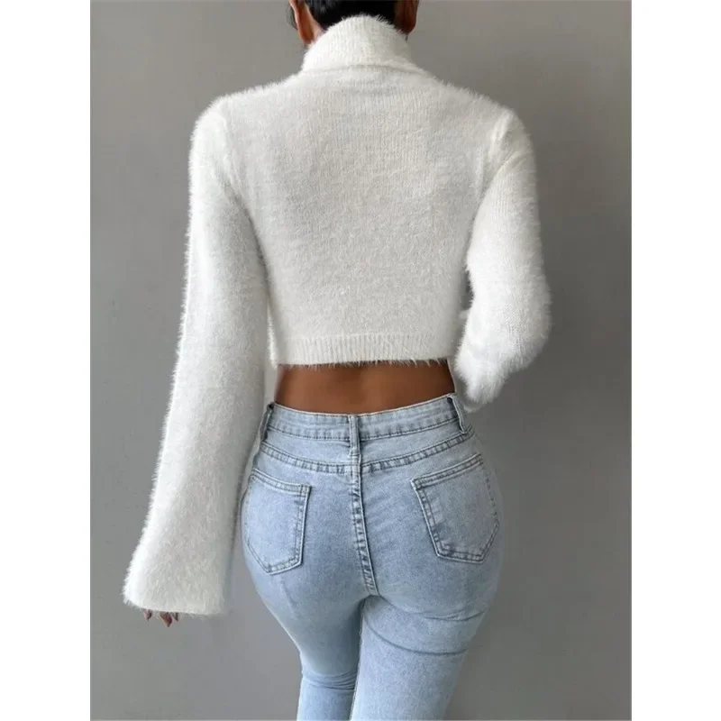 Women's High Neck Crop Open Belly Button Plush Sweater Autumn & Winter Temperament Woman Fashion Long Sleeved Casual Pullover