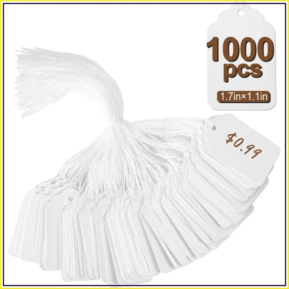 1000 PCS Price Tags with String, 1.77 x 1.1 Inch Hang Tags for Garage Sale, Retail, Jewelry, Clothing Labels
