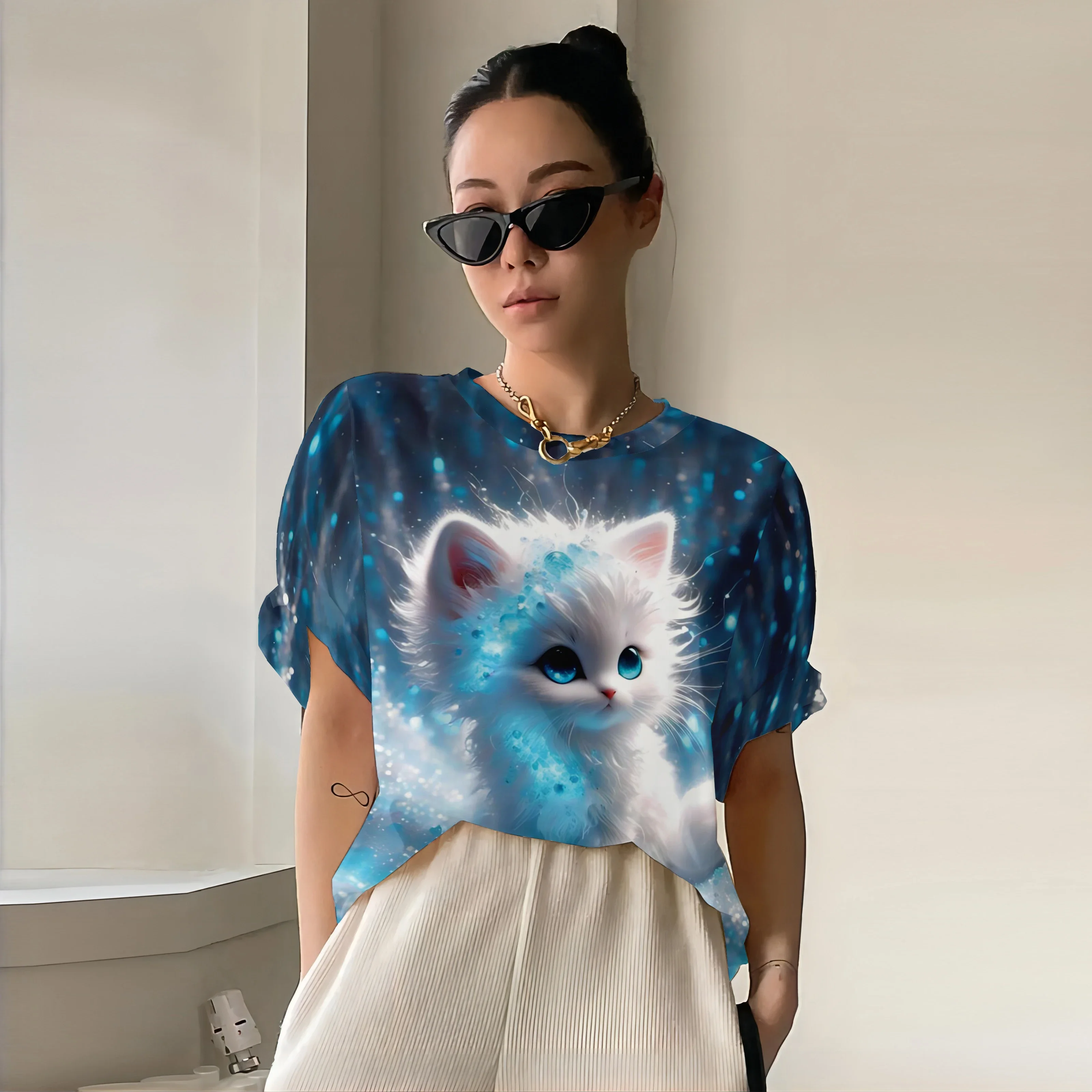 

Fashion Womens T-shirt 3D Kawaii Cat Print Tees Tops 2024 New Harujuku Animal Short Sleeve T Shirt Oversized Loose Woman Clothes