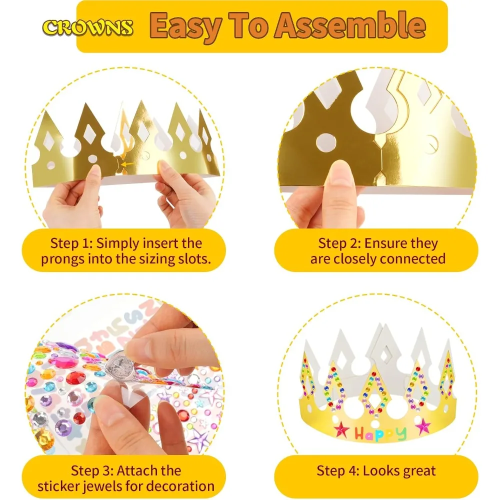 Kids King Princess Paper Crowns 15 Pieces Gold Tone, Comes with Gem Alphabet Number Stickers, DIY Accessory for Birthday, Classroom Craft and Party Decoration view 2