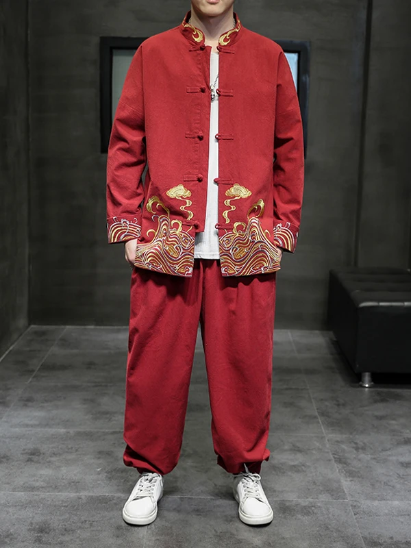 

Heavy Embroidery Chinese Sle Jaet Set Men's Retro Hanfu Coat Two-Piece Suit Breathable Cotton Long Sve Stand Collar