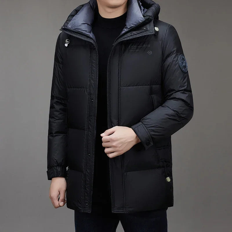 Light Luxury Down Jacket Men's Long Winter 2024 Trendy 90% White Duck Down Warm Coat Business Casual Hat Lightweight Down Jacket