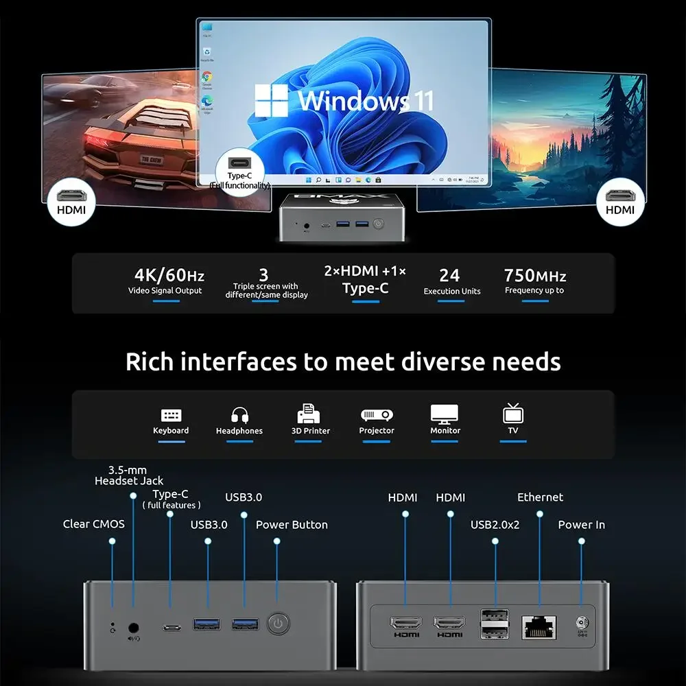 Mini PC BMAX-B4 Plus con Windows 11,Intel N100,16Go,512Go,SSD,2 x HDMI, 1 x tipo C, soporta carga 4K @ 60Hz,750MHz exploración Intel UHD