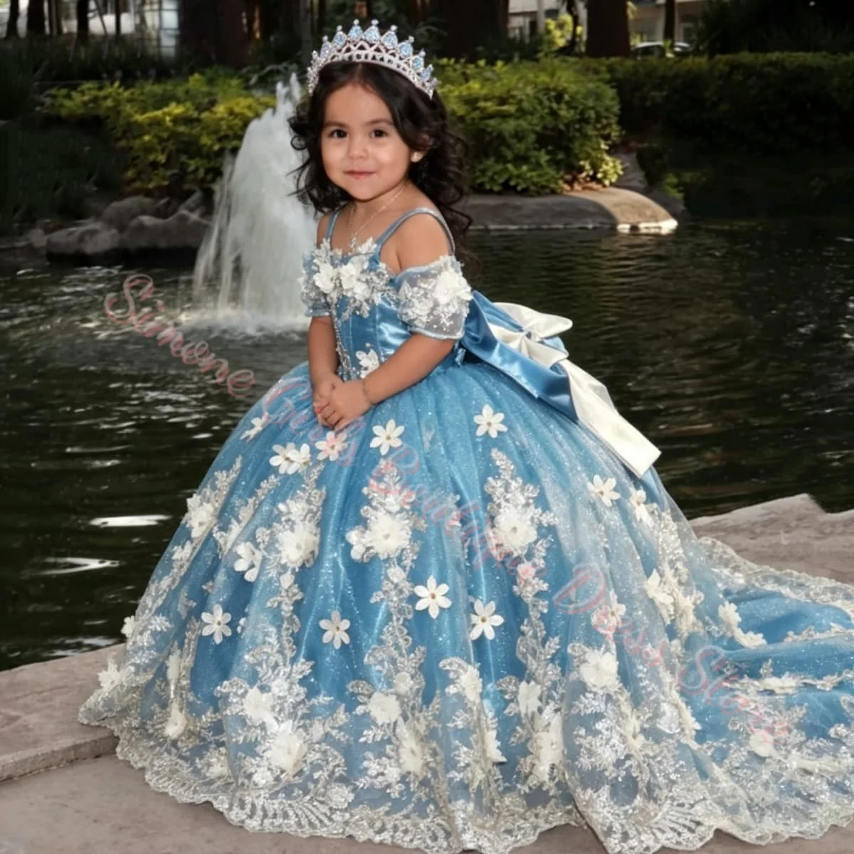 Luxury Blue Tulle Fluffy Flower Girls Dress with Exquisite Applique Little Girls Wedding Birthday Party Evening Ball Gowns