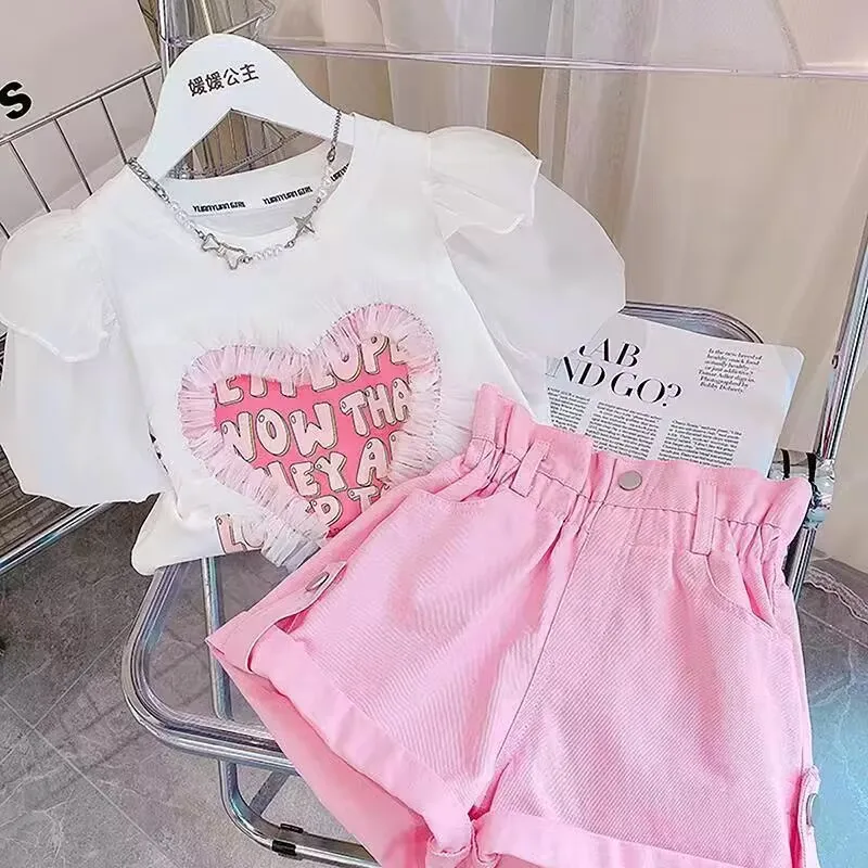 

Retail 2023 New Baby Girls Teenage Korea Summer Pink Sets, T-shirt + Shorts Fashion Suits Girl 4-9 T