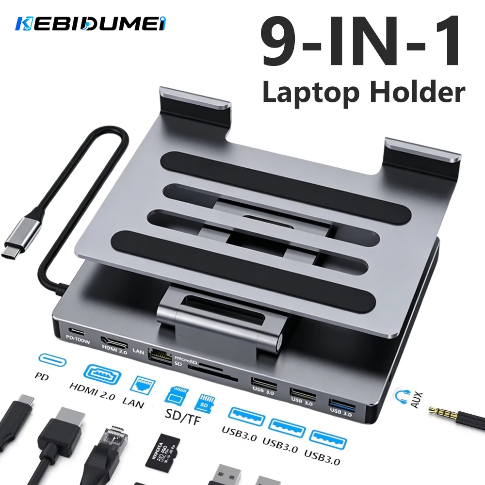 KEBIDUMEI 9 in 1 USB C Hub Foldable Docking Station Type-C to Gigabit RJ45 HDTV 4K PD100W Stand Computer Accessories For Laptop