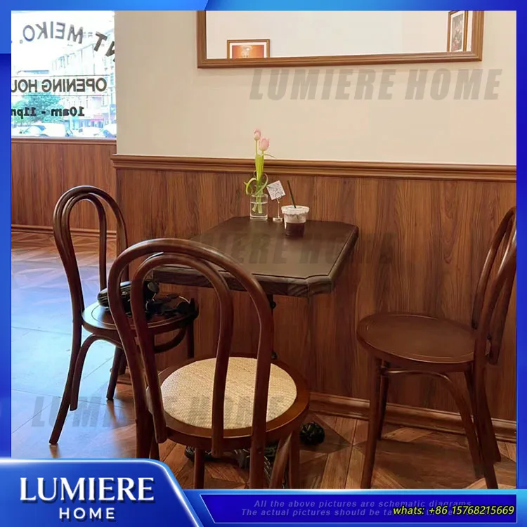 Vintage Wooden Coffee Chair Set for Cafe Bakery Bar Dining Room Retro Style Small Round Square Table Furniture