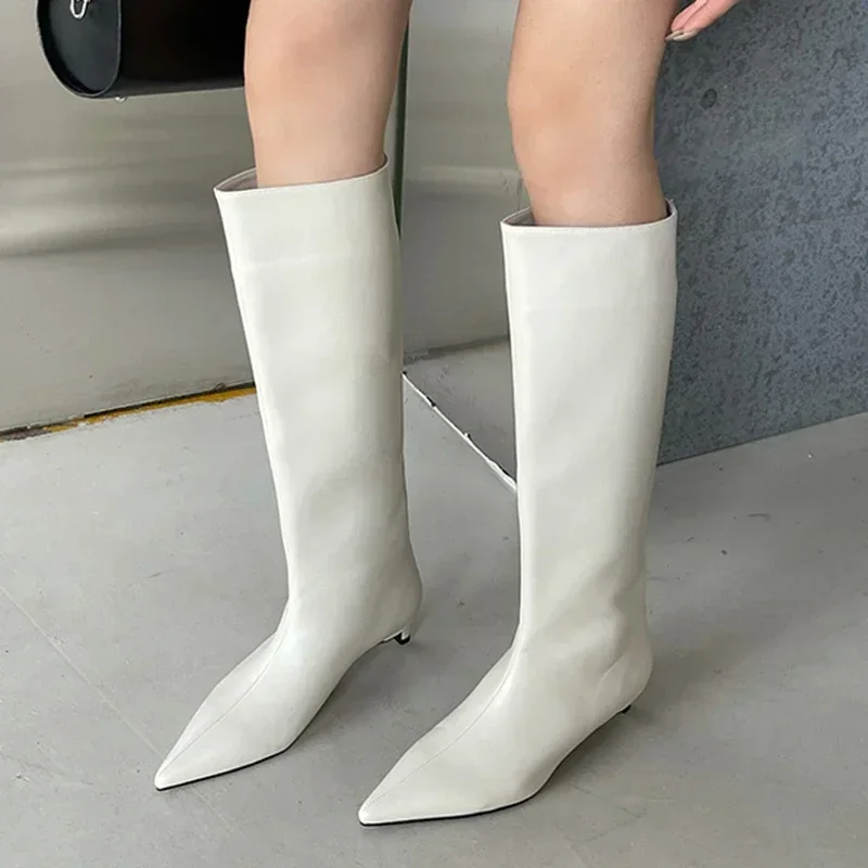 2024 Design Fashion Sexy Pointed Toe Low Heels Knee Long Boots Women\'s Spring/Autumn PU Sewing Party Ball Western Boots 35-40