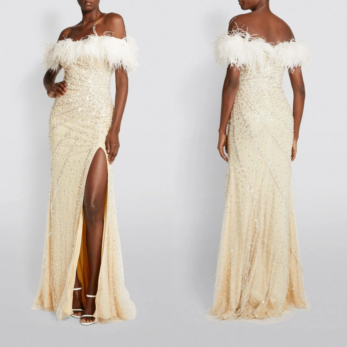 L419 Off The Shoulder With Feathers Yelllow Beaded Mermaid vestidos de fiesta  فساتين سهره evening dresses