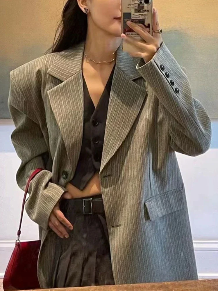 2000s Aesthetic Vintage Grey Striped Blazer Women Autumn Elegant Office Lady Formal Occasion Coat High Street Casual Outerwear