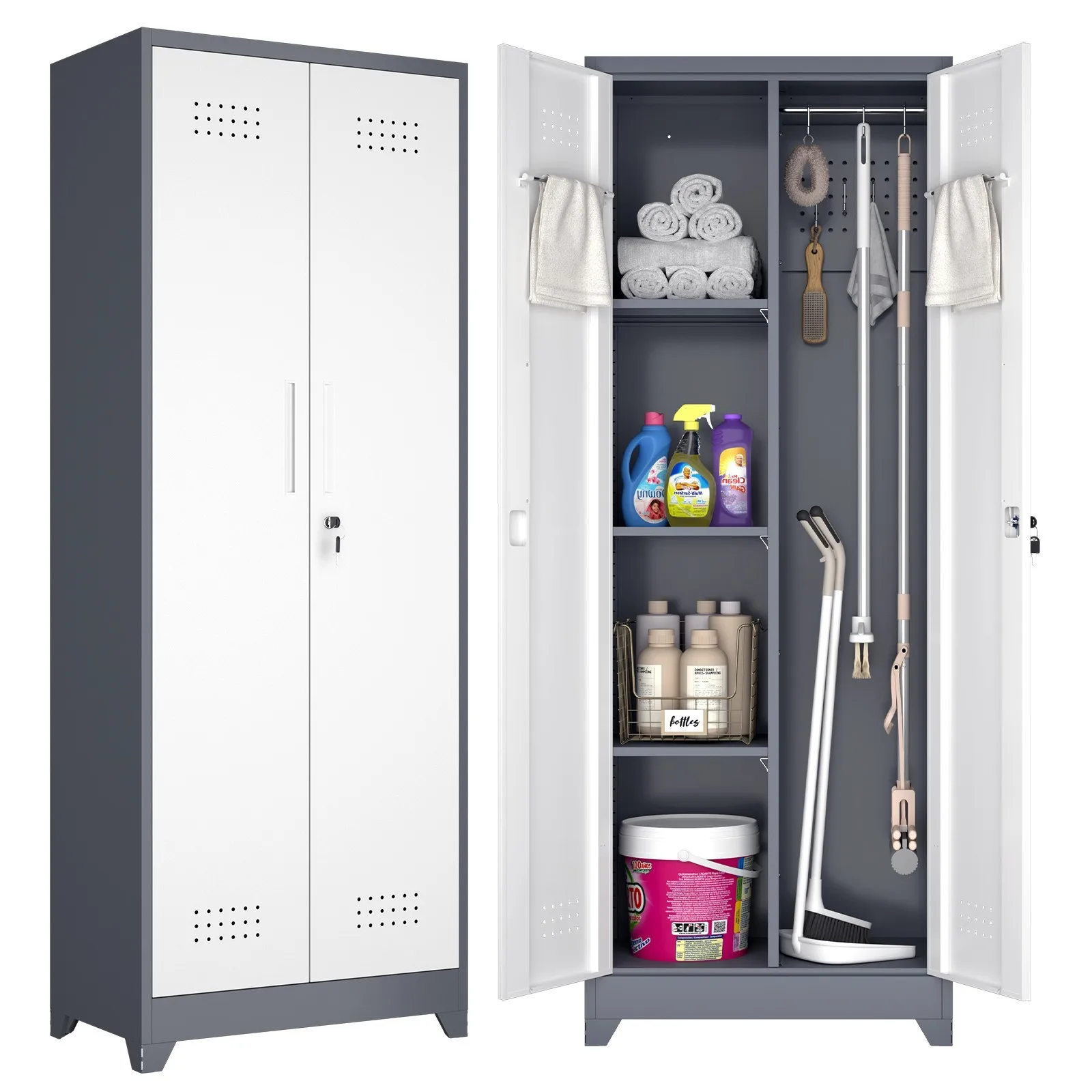 Metal Garage Storage Cabinets, Lockable Broom Closet Storage Cabinet with Doors