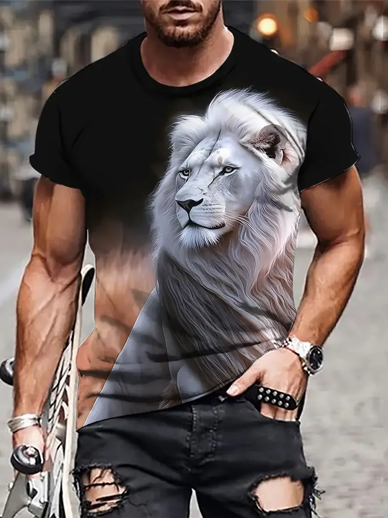 Summer Fashion Casual Cool Lion Graphic T-shirt For Men Trend Classic 3D Printed Animal Pattern Round Neck Short Sleeve Tees Top