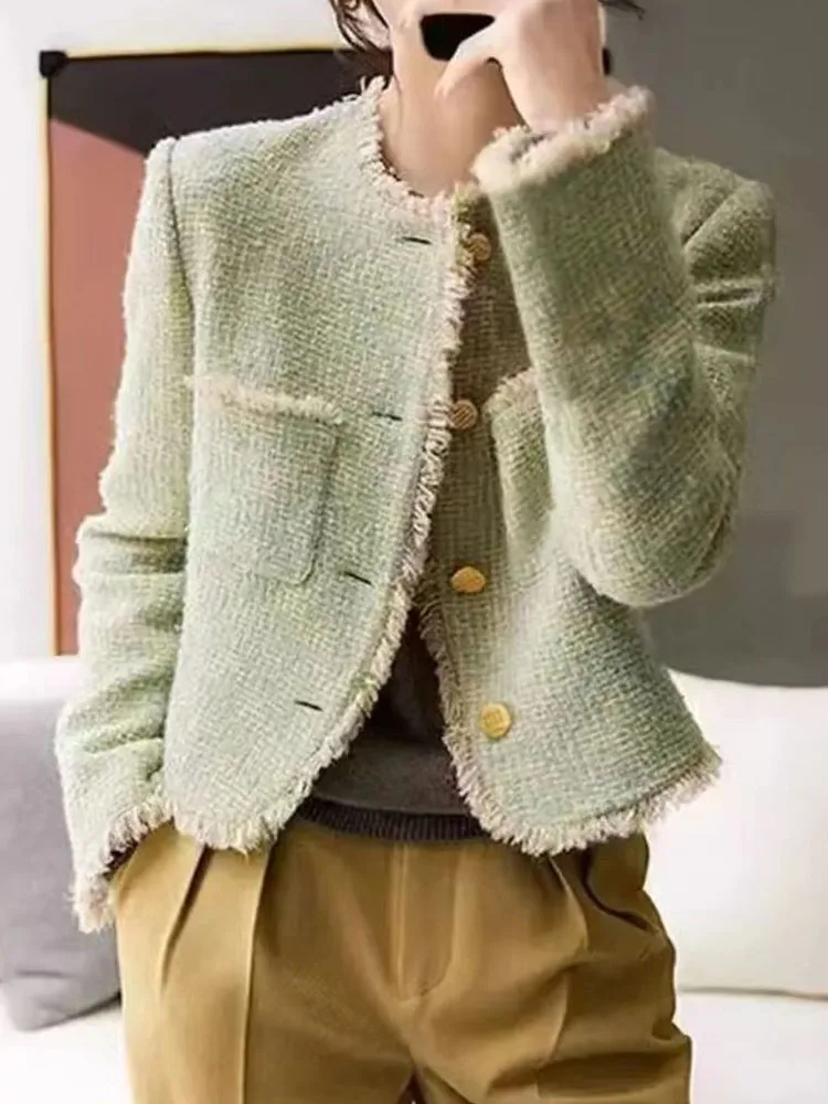 

Korean Fashion Tweed Jackets Tops Women Casual O-neck Single Breasted Abrigos Spring Fall Elegant Long Sleeve Manteau Blusas New