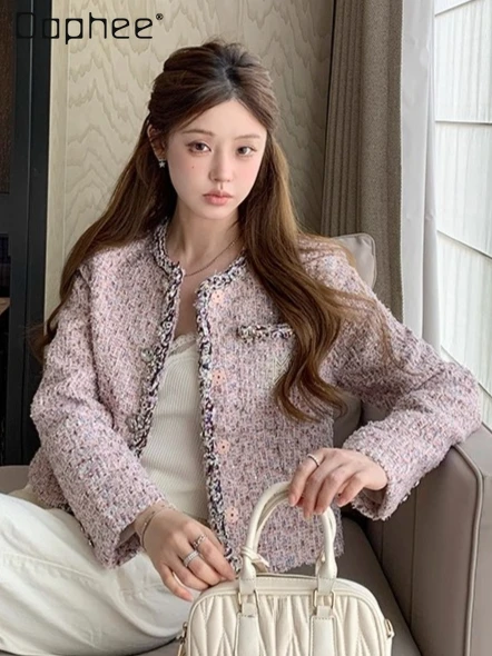 

French Elegance Pink Tweed Jacket Women Fashion High-end Woven Splicing Color Single-breasted Long-sleeved Jackets Autumn New