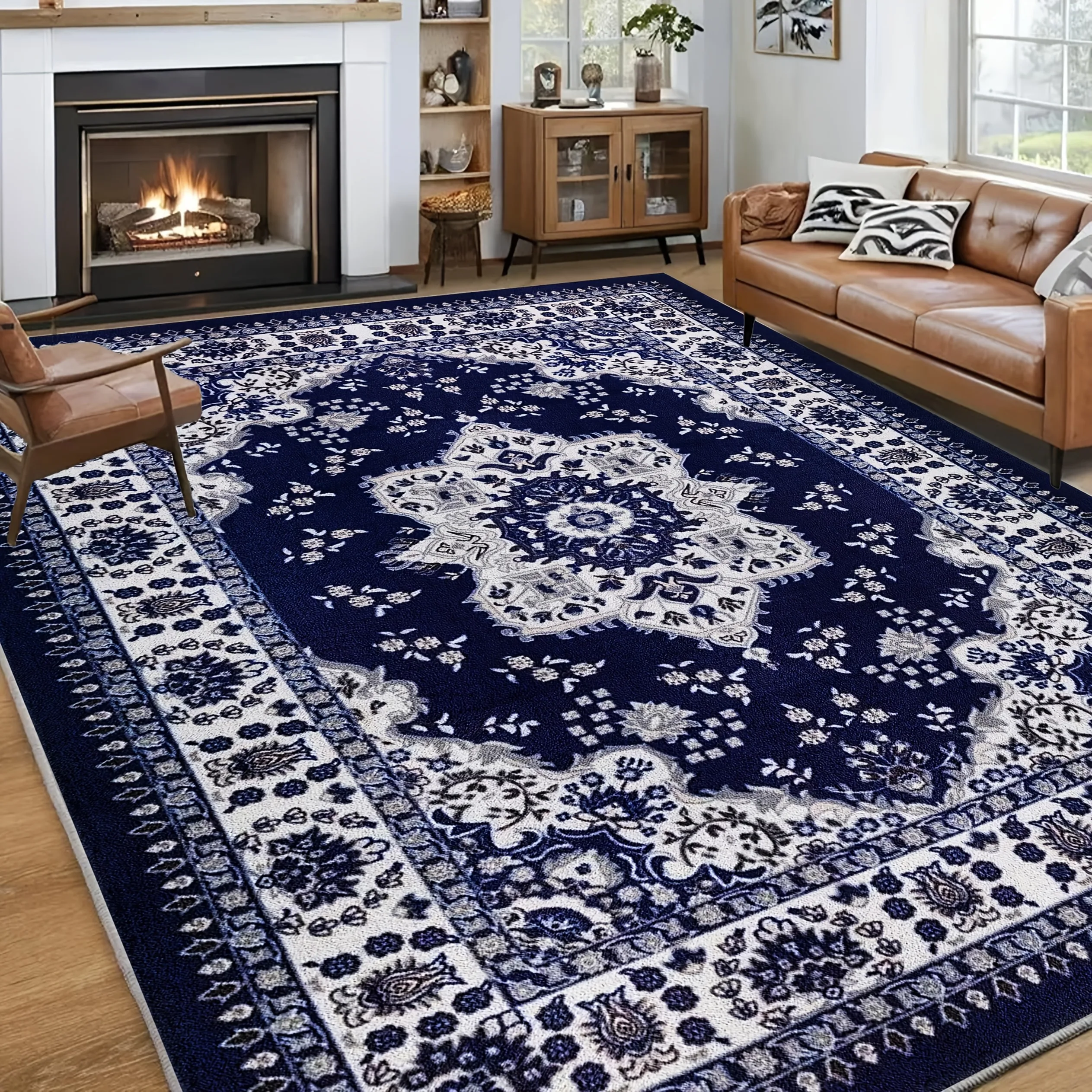VIKAMA Navy Blue Medallion Area Rug,Non‑Slip Mat,Traditional Floral Oriental Pattern Carpet for Living Room Bedroom Home Decor