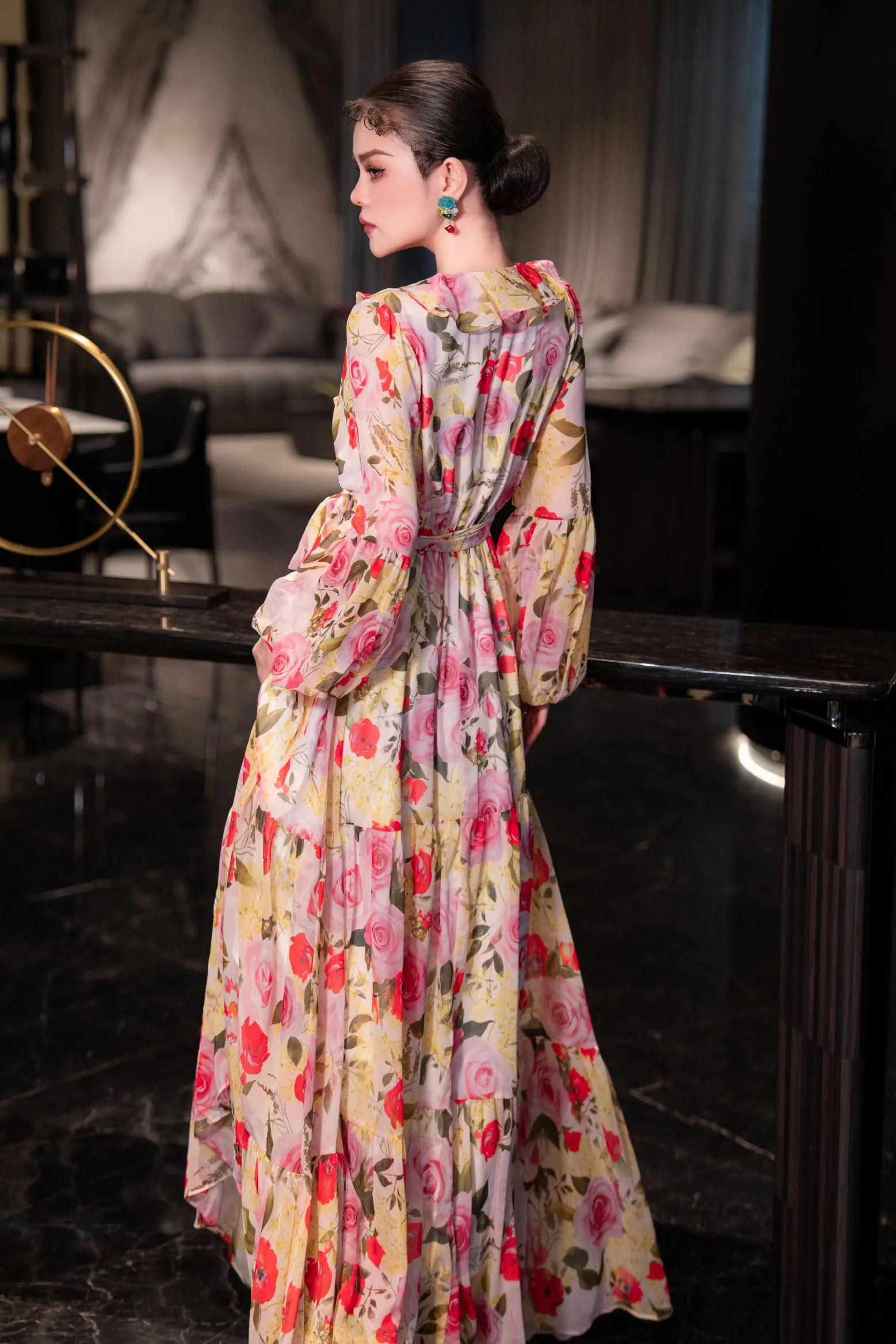 ZJYT Elegante lange maxi-jurken voor dames Vrouwelijke kleding Feestavond Bloemenprint Strandvakantiejurk Zomer Lange mouwen Dame