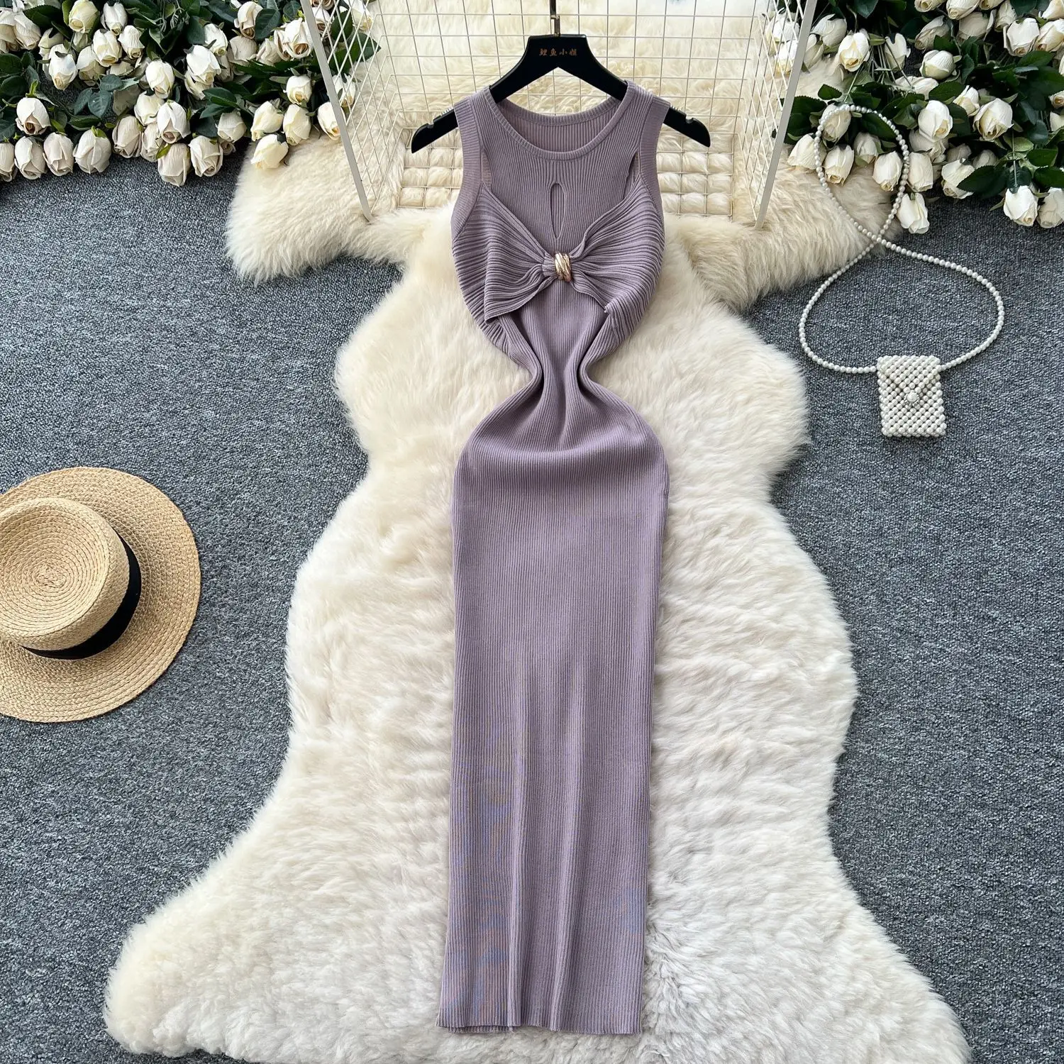 Frauen Gestrickte Kleider, Figurbetontes Kleid Y2k Knöchellänge Ärmellos Rundkragen Raffen Ausschnitt Vestidos Lässig Elegant 2025, Herbst