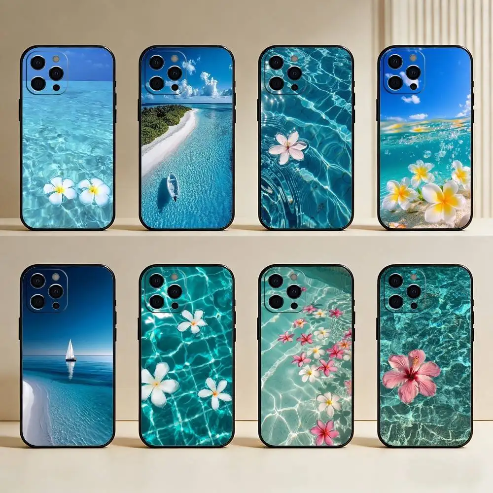 

Blue Sea Waves Phone Case For iPhone17,16,15,14,13,12 Plus,Max Soft Silicone Black Cover