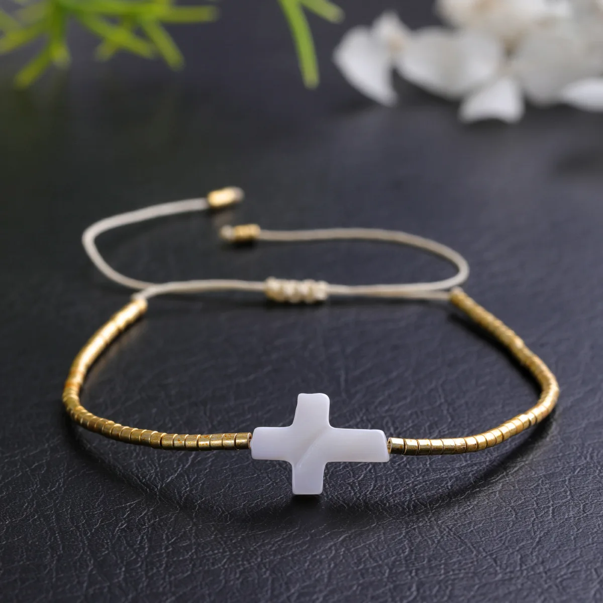 

5 Pieces White Shell Cross Charms gold MiYuki Beads Strand Religious Style Adjusable Jewelry Chain