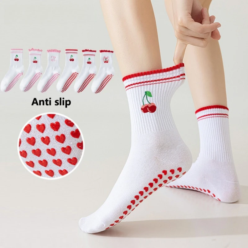

Женские милые хлопковые носки для йоги с вишневым узором, силиконовые, противоскользящие, дышащие, средней длины, для балета, пилатеса, спорта и фитнеса