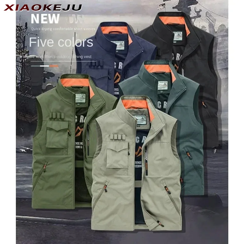 

Men Camping Vest Multi-pockets Fishing Clothing Work Sleeveless Hunting Tactical Vests Professional Jacket Coat Embroidered Male