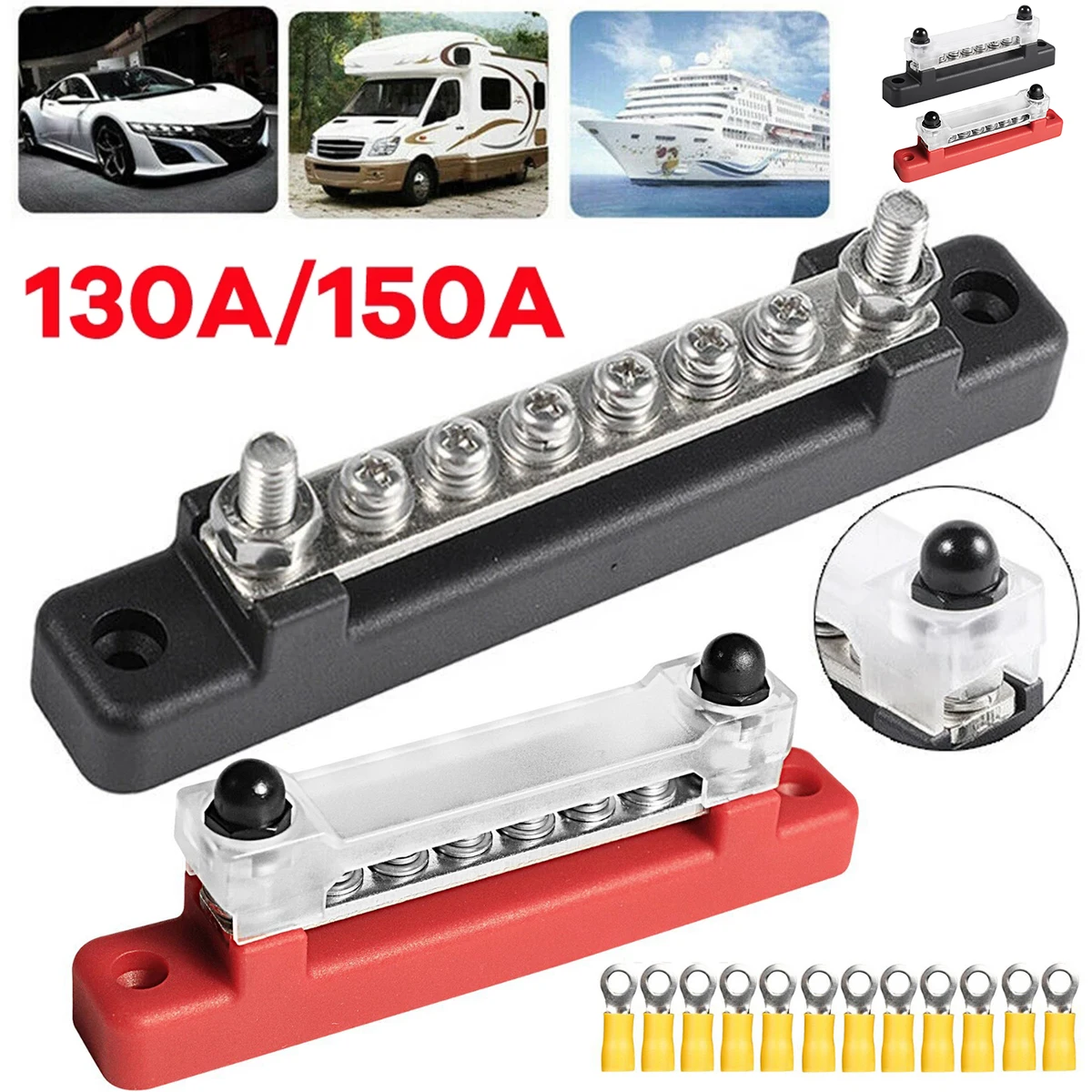 6 Way Power Distribution Block Bus Bar Car Terminal Block Negative Bus Bar 300V AC/48V DC 130A AC/150A DC for Caravan Truck Boat