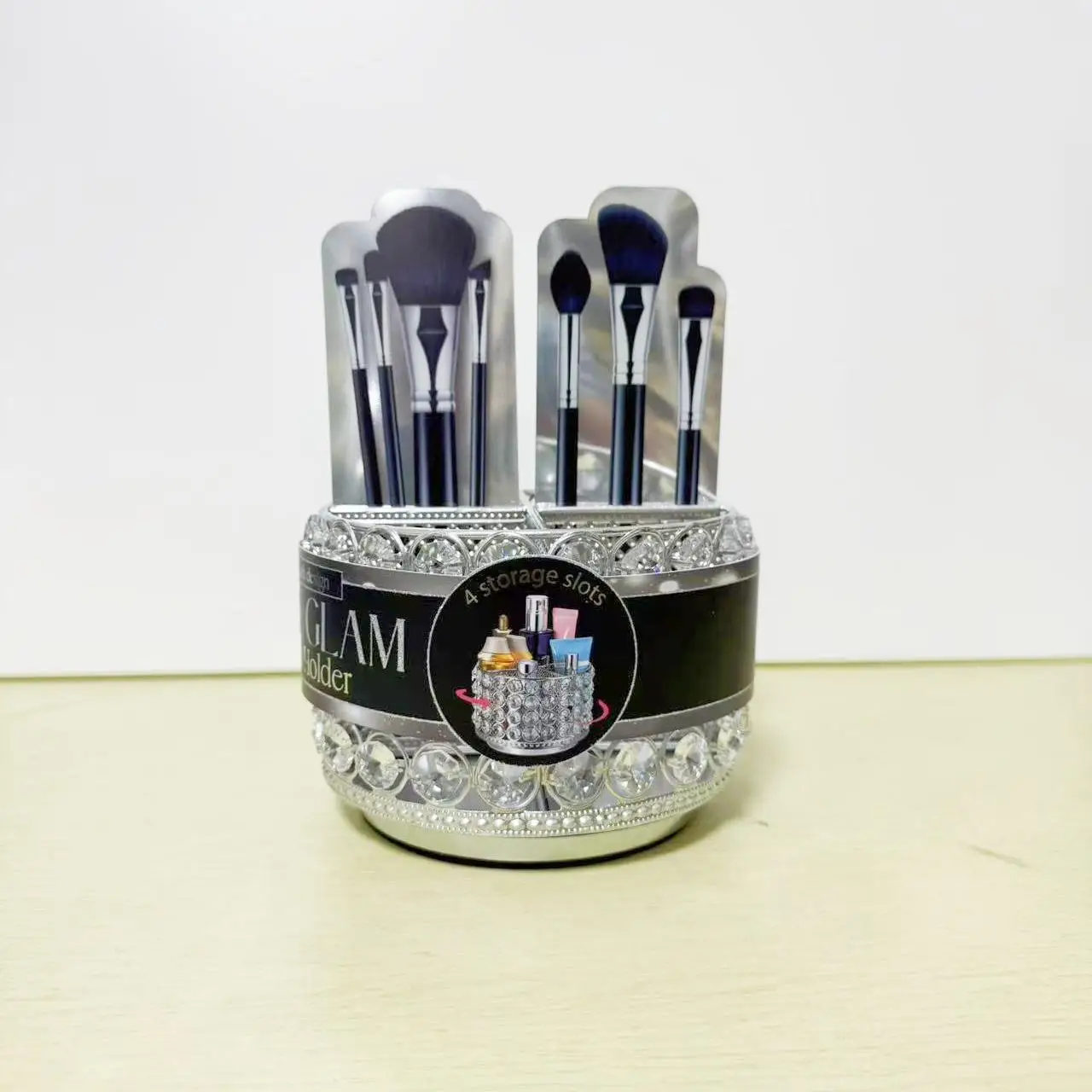 

Metallic Round Rotating Makeup Brush Holder Decorative Craft for Living Room