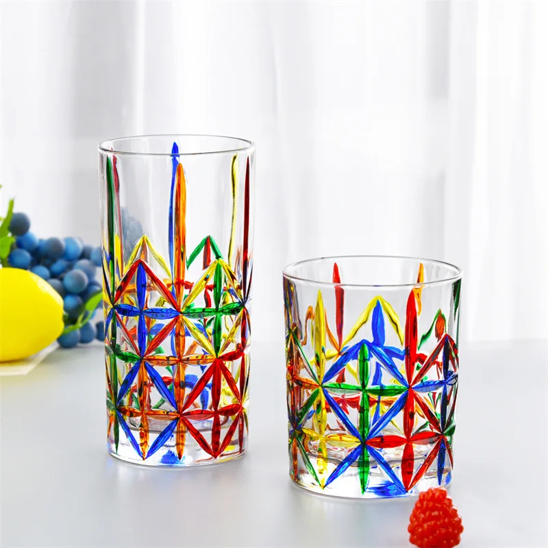 Wine Goblet with Wooden Saucer, Luxury Fruit Plate, Colorful Braided Grid, Square Tumbler, Bar Drinkware, Whiskey Glass Cup