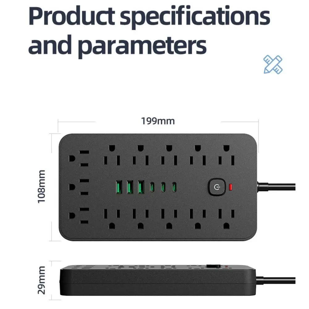 19 In 1 Surge Protector Power Strip US Plug Type USB-A Ports USB Port Power Strip Multiple Outlets Built-in Surge Protection