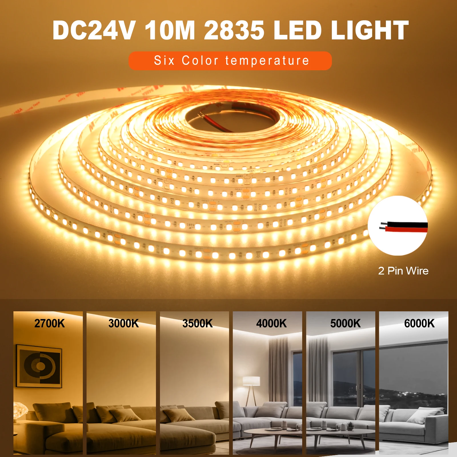 5M 10M/Roll LED Strip Light 24V 2835 120LEDs/m nastro flessibile a diodi a nastro 2700K 3000K 4000K 6000K Luces Led Light per la decorazione della