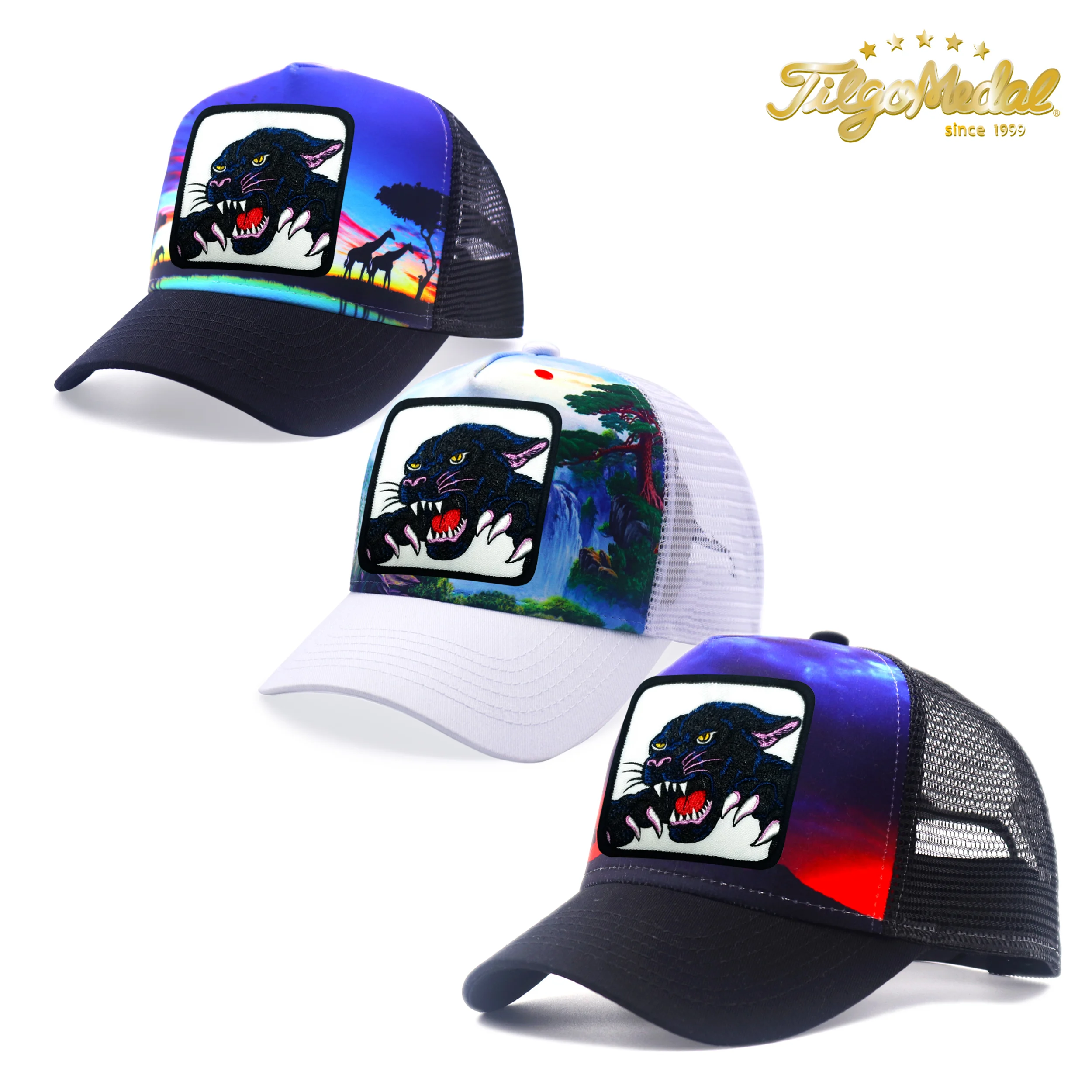 Unisex Trucker Mesh Caps for Men Women Farm Animal Panther Embroidery Badge Snapback Hats African Savanna Background