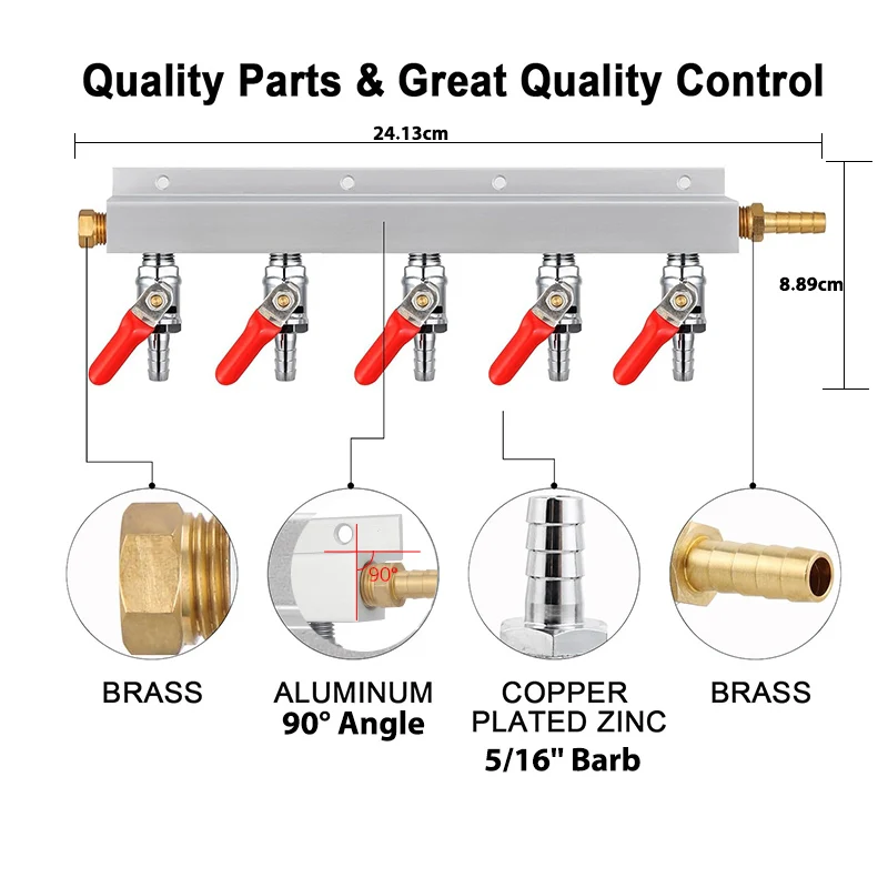 5/16'' Barb Gas Manifold Gas Distributor CO2 Manifold Splitter With Check Valve & Hose Clamp Anti-Backflow 5 Way Air Distributor