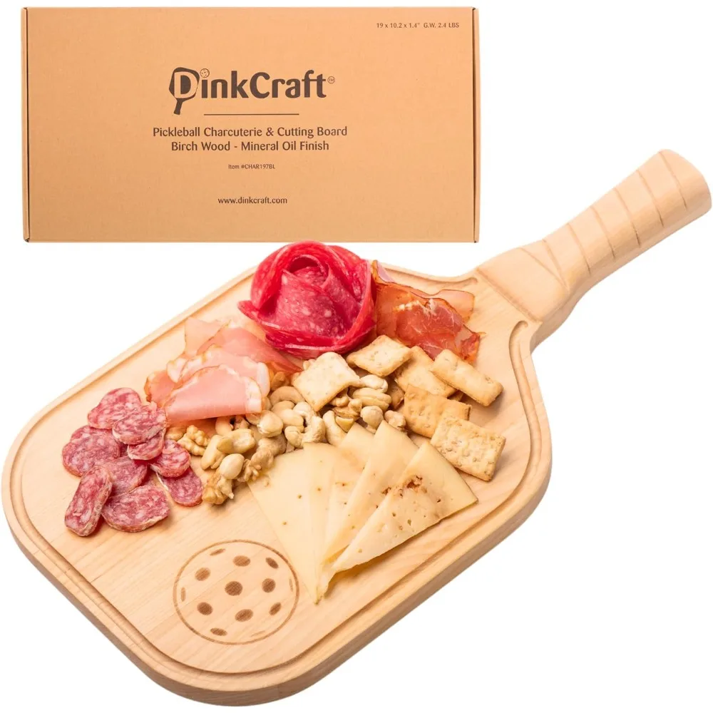 

Pickleball Charcuterie & Cutting Board, Pickleball Gift, Partner Size - 17 x 8.5 x 0.75”, Birch Wood, Paddle Shape with Handle,