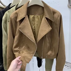 New Autumn And Winter Fashion Beautiful V-neck Lapel Leather Solid Color Stitching Zipper Coat Women's Loose Slim Suede Jacket