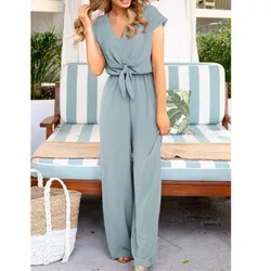 Solid Color Fashion V Neck One Piece Wide Leg Women's Trousers Summer Female High Waisted Casual Sexy Backless Office Jumpsuit