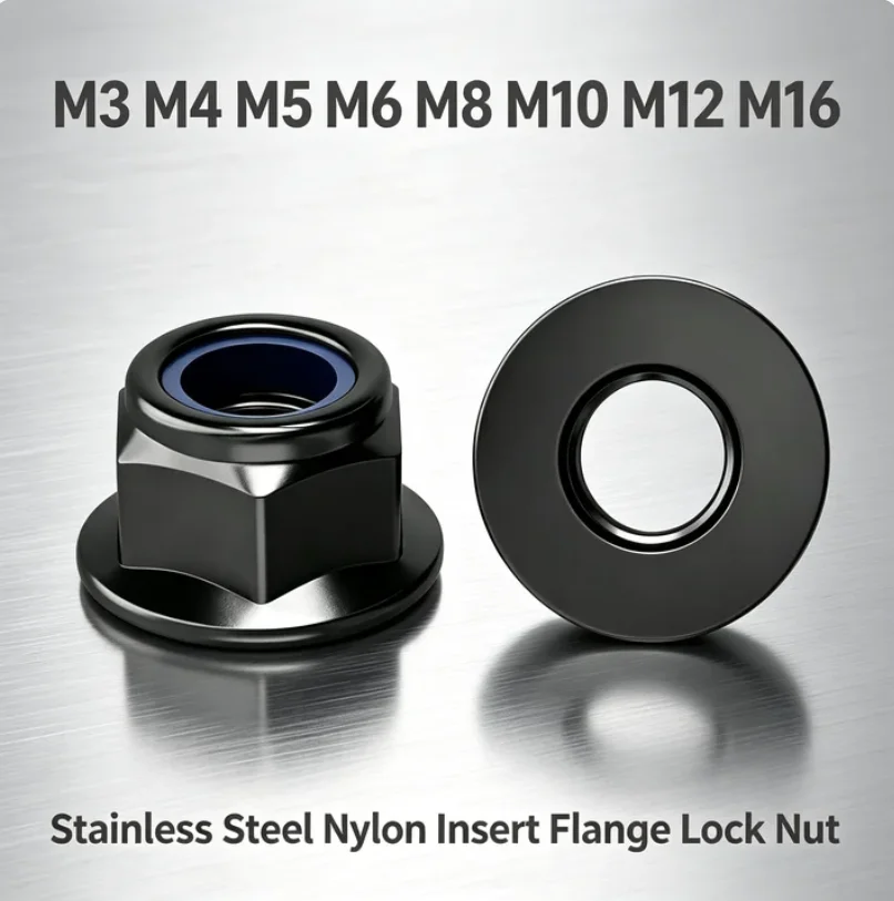 Black 304 Stainless Steel Nylon Insert Plain Hex Flange Lock Nut Metric Thread M3 M4 M5 M6 M8 M10 M12 M16